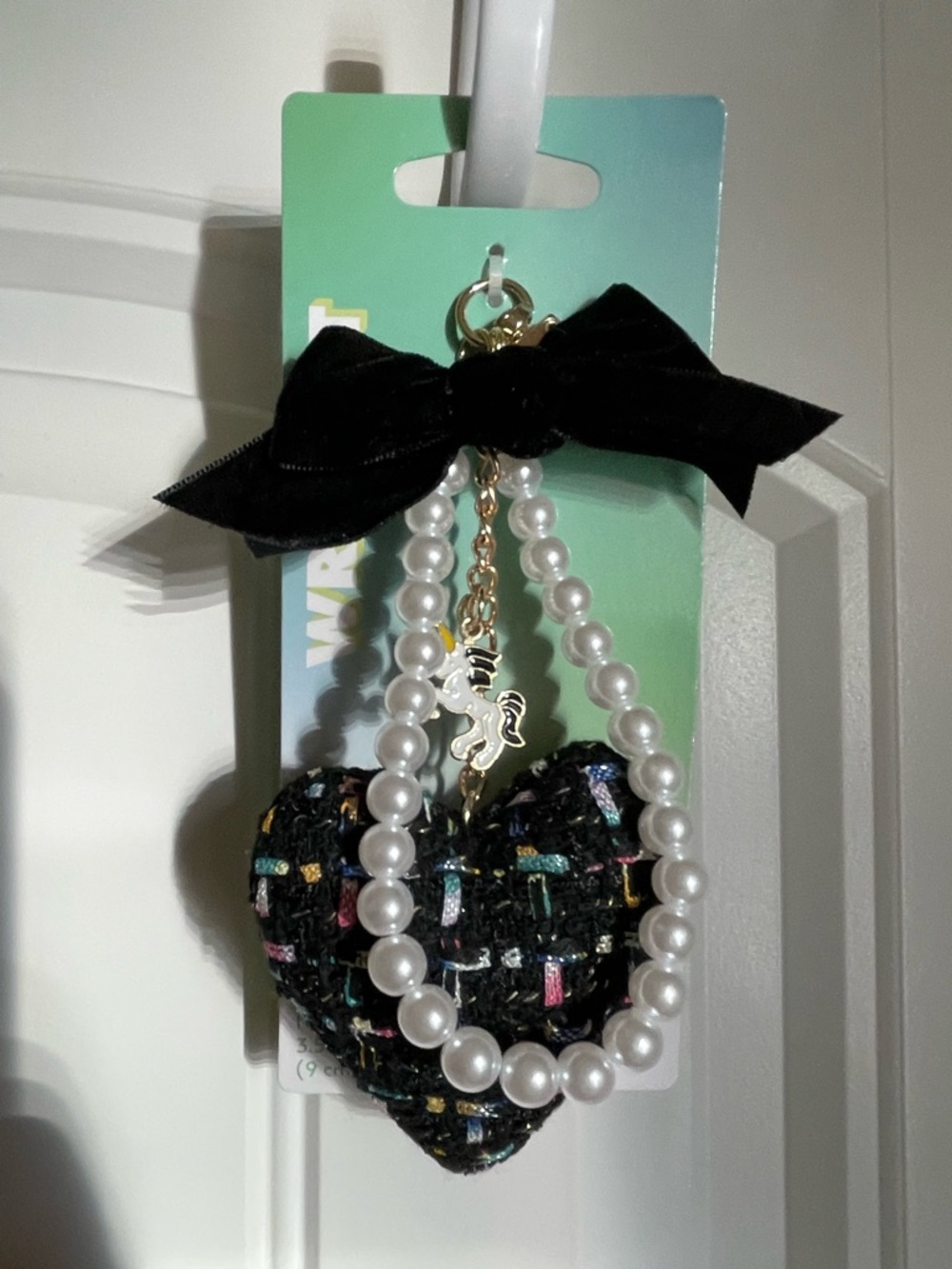 Tweed Heart Bag Charm with faux Pearls
